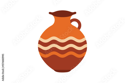 Clay Amphora Vase With Wave Pattern On White Background