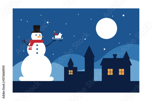 Classic Snowman And Sleigh Passing Over Snowy Rooftops