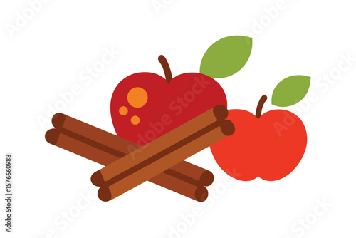 Cinnamon Sticks And Apples Grouped On White Background