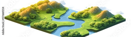 Isometric illustration of a green landscape with flowing river, dense trees, and multiple mountains under bright sunlight