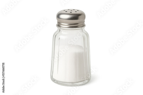 Classic glass salt shaker filled with white table salt, isolated on transparent background, ready for seasoning