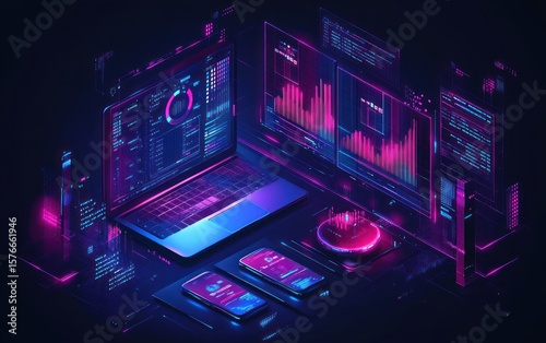 Futuristic digital workspace with neon-lit laptop, smartphones, and floating holographic data charts displaying analytics and code in blue and pink tones