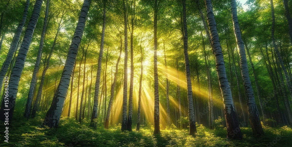 Obraz premium Sunlight streaming through tall birch trees in a dense green forest creating a peaceful and radiant atmosphere