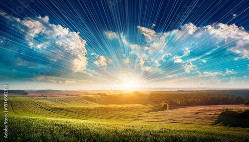 colorful illustration of earth and sky with swirling clouds and radiant sunrays over fertile land