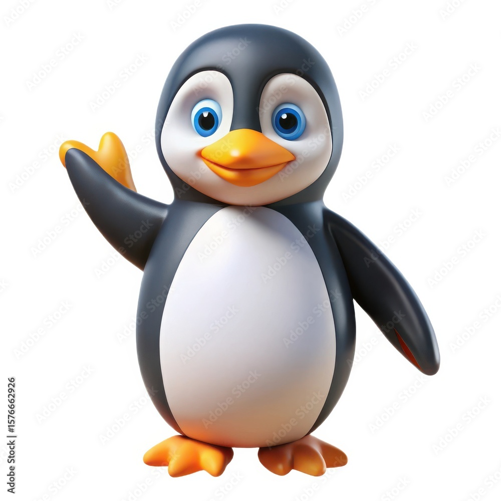 Fototapeta premium Cute cartoon penguin waving hello isolated on white background