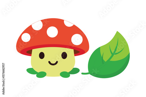 Cute Cartoon Mushroom And Leaf Character Set On White