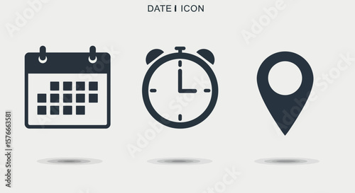 Essential date icon collection: calendar, clock, and location pin symbols set