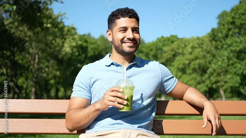 Man Enjoying Smoothie Outdoors on Bench in Bright Sunny Day