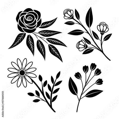 Line Art Silhouette Flowers with Rose, Daisy, Buds, and Leaves in Black Ink Style