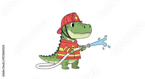 Adorable dinosaur firefighter bravely battles imaginary blaze with water hose dressed in uniform and helmet