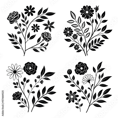 Hand Drawn Floral Silhouette Collection of Roses, Daisies, and Leaves in Black Line Art Style