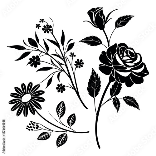 Black Floral Silhouettes with Roses, Daisies, Buds, and Leaves in Hand Drawn Line Art Composition