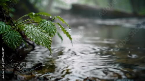 Close up of green leaves with water droplets near a flowing stream view