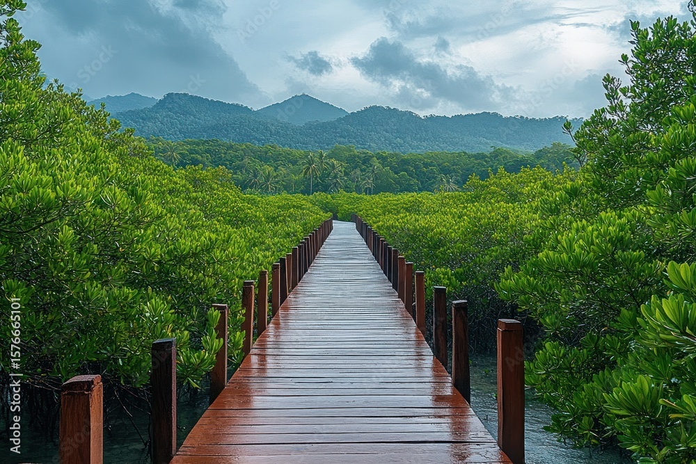 Fototapeta premium Long wooden boardwalk cutting through dense green mangrove forest leading towards distant mountains under a cloudy sky, evoking peaceful and serene atmosphere