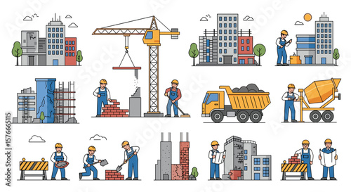 Modern City Construction Scenes Featuring Skilled Workers and Heavy Machinery Operations