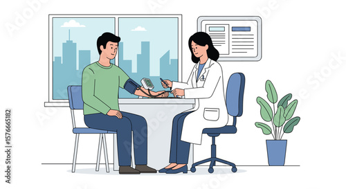 Professional medical examination of a patient by a doctor in a bright clinic room with city skyline in background