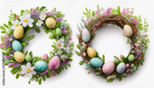 isolated floral wreaths with easter eggs on transparent background