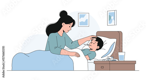 A Caring Mother Checks Her Child's Temperature in Bed at Home During Sickness