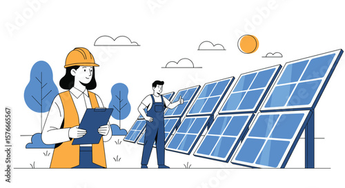 Engineers Inspecting Solar Panels and Renewable Energy Technology in a Field Under a Bright Sun