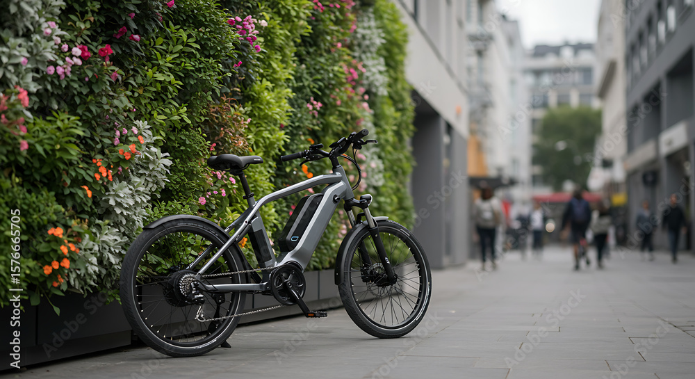 Fototapeta premium Modern electric bicycle parked by a vertical garden in an urban city street promoting eco friendly transportation sustainability smart mobility and green commuting lifestyle in downtown area