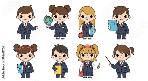 Diverse Group of Cartoon Children in School Uniforms Engaging in Educational Activities with Books and Globes