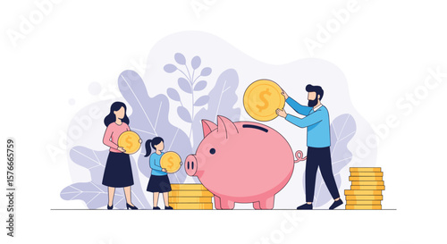 Family Saving Money Together Investing in a Piggy Bank for Future Financial Security