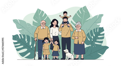 A Multi-Generational Family Together with Their Beloved Pet Dog Surrounded by Lush Green Tropical Leaves