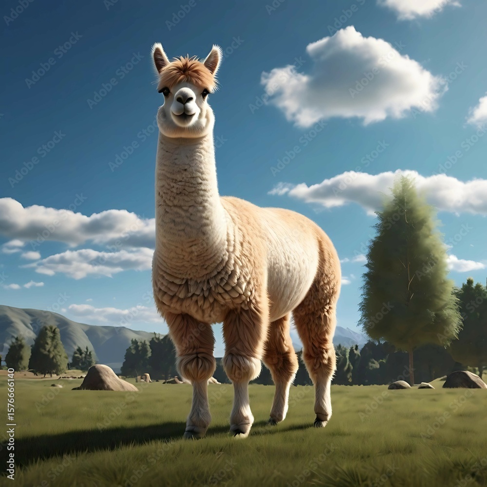 Obraz premium Realistic alpaca in green field under blue sky