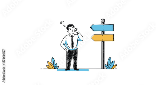 Confused businessman standing at a crossroads with two directional signs making a difficult decision about his future career path