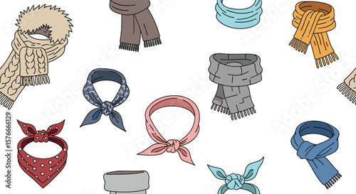 Fashionable Neckwear Collection For All Seasons Showing Various Styles and Textures Of Scarves And Bandanas