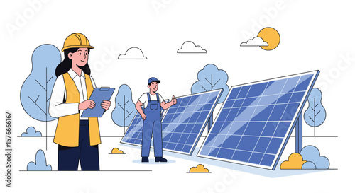 Engineers inspecting solar panels for renewable energy generation and sustainable power solutions in an outdoor environment