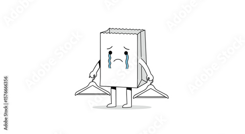 Anxious animated bag character feeling sad and distressed holding empty hangers in a minimalistic white background illustration