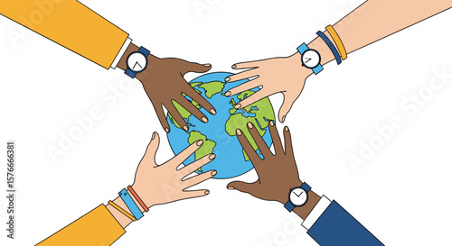 Hands of Diverse People Touching the Earth Together Symbolizing Global Unity and Environmental Stewardship