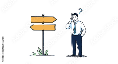 Navigating Uncertainty A Person Grapples With Difficult Choices At A Crossroads Signpost While On A Business Call