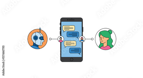 Artificial intelligence chatbot communicating with a human user through a mobile phone interface illustrating digital interaction and communication technology advancements