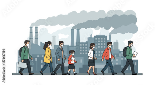 People wearing masks walking past industrial factories emitting pollution into the sky creating smog and affecting the environment and human health
