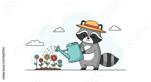 Charming illustration of a cute raccoon wearing a straw hat carefully watering colorful flowers in a garden bed with a watering can