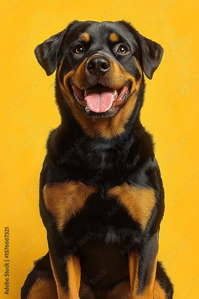 Fototapeta premium happy sitting rottweiler dog with tongue out against bright yellow background