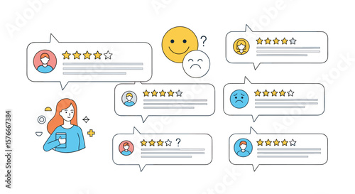 Customer feedback and satisfaction ratings presented visually with speech bubbles and emojis showing opinions and reviews