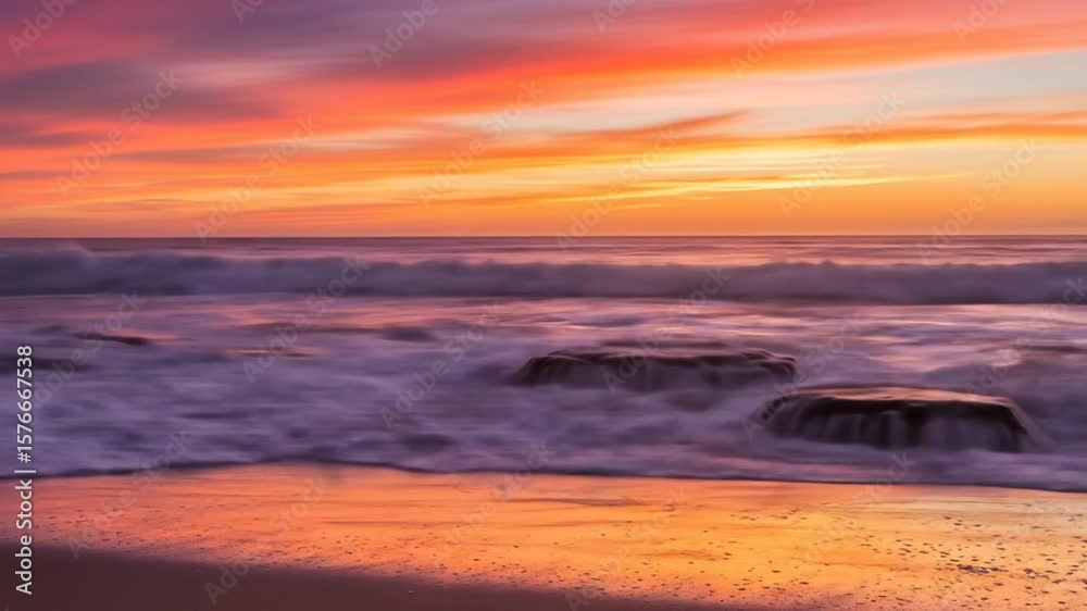 Vibrant Sunset Over Ocean Waves and Rocks Vibrant Sunset Over Ocean Waves and Rocks