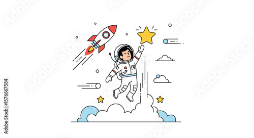 Astronaut reaching for a star in space with a rocket ship flying past clouds and celestial bodies in this whimsical illustration