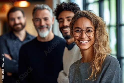 Group of four diverse young adults standing indoors with natural light, smiling warmly and looking at the camera, showing friendly and positive emotions