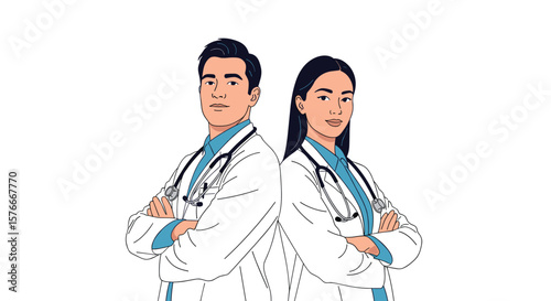 Two Professional Medical Doctors Standing Back to Back Wearing White Coats and Stethoscopes Ready to Serve Patients with Care and Expertise