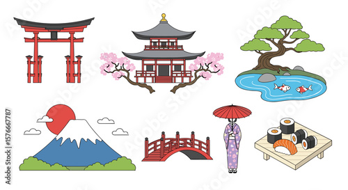 Collection of Iconic Japanese Cultural Symbols and Landscapes Depicting Traditional Architecture Nature and Cuisine