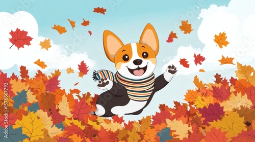 An animated corgi puppy playing happily in autumn leaves