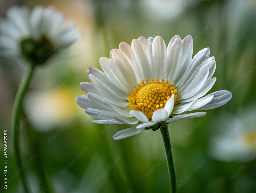Obraz premium Macro View of White Daisy with Bright Yellow Center in Sunlight