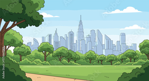 Serene City Park with a Picturesque Skyline View on a Sunny Day with Lush Green Trees and Open Grassy Field
