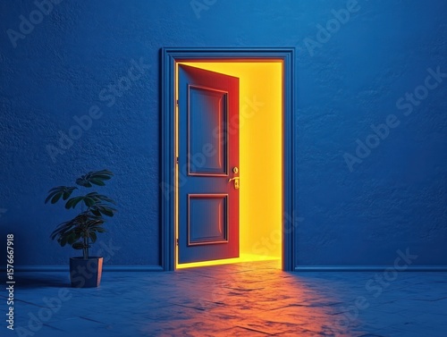 Wallpaper Mural partially open blue door emitting bright warm yellow light into a dark blue empty room with a potted green plant on the floor Torontodigital.ca