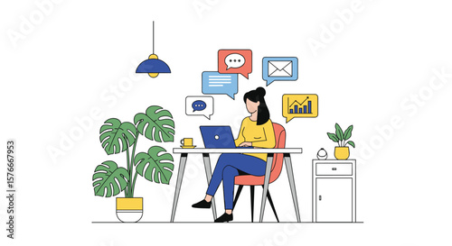 A Woman Working Remotely From Home Surrounded by Plants and Digital Communication Bubbles Demonstrating Modern Freelance Productivity