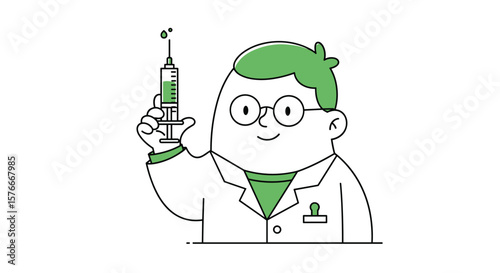 Cartoon Scientist Character Holding a Syringe Filled with Green Liquid Demonstrating Medical Research and Development